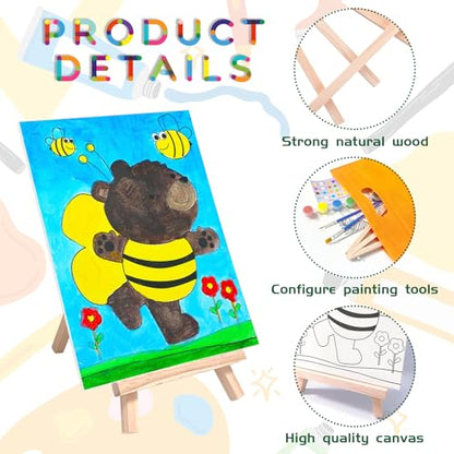 48PCS 12 Sets Printed Canvas Paint Art 12 Pcs Wooden Easel Set Paint Pots and Brushes and 12 Pre Drawn Canvas Panel 12 Pcs Mini Apron and Tote Bag for Kids(Animal) - style: Animal