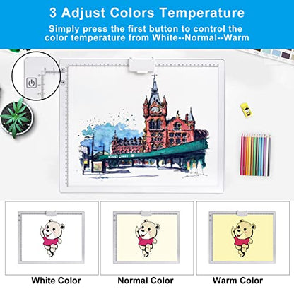 A3 Rechargeable Light Pad, TOHETO 2500mAh Battery Powered Light Board with Stand Top Magnetic Clip 3 Colors Stepless Dimmable 6 Levels Brightness Light Box for Diamond Painting Weeding Vinyl (White) - style: A3 (White)