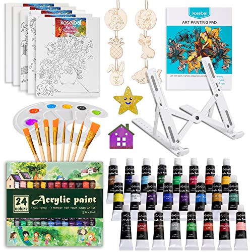 koseibal Acrylic Art Set with 24 Acrylic Paints, 8 DIY Wooden Stencils 5 Canvas Panels 8 Brushes, Table Easel, Etc, Painting Supplies Kit for Kids Students Artists and Beginner - color: 24 acrylic paints