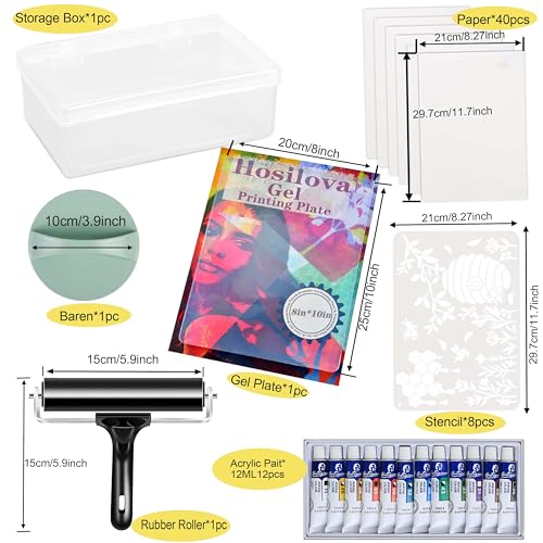 Reusable Gel Printing Plate Kit- 8" X 10" Gel Plate with Acrylic Paint, Printing Paper, Stencil, Storage Box, Rubber Roller, Baren, Easy Clean Plate,DIY Printmaking for Art Card Making, Scrapbooking
