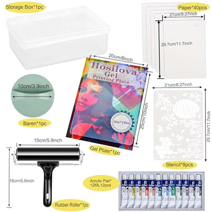 Reusable Gel Printing Plate Kit- 8" X 10" Gel Plate with Acrylic Paint, Printing Paper, Stencil, Storage Box, Rubber Roller, Baren, Easy Clean Plate,DIY Printmaking for Art Card Making, Scrapbooking