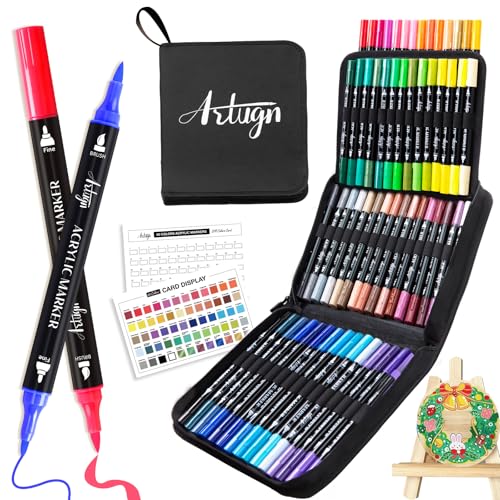 Artugn 60 Colors Acrylic Paint Pens, Dual Tip Pens With Fine Tip and Brush Tip for Rock Painting, Ceramic, Wood, Plastic, Calligraphy, Scrapbooking, Brush Lettering, Card Making, DIY Crafts - color: 60 Colors
