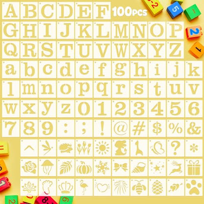Fainne 100 Pcs Small Stencils for Crafts, 1.5 Inch Reusable Painting Stencils Painting Crafts Templates for Wood, Wall, Home Decor, Canvas, Fabric (Letter,Symbol) - style: Letter,Symbol