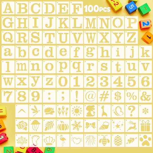 Fainne 100 Pcs Small Stencils for Crafts, 1.5 Inch Reusable Painting Stencils Painting Crafts Templates for Wood, Wall, Home Decor, Canvas, Fabric (Letter,Symbol) - style: Letter,Symbol