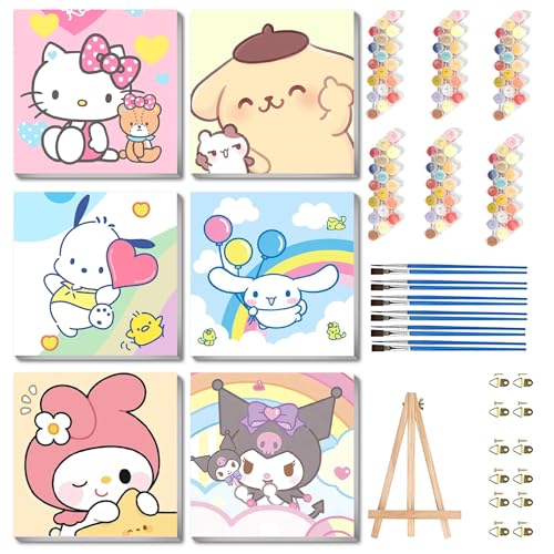nekpiahu 6 Pack Cartoon Paint by Numbers for Kids with Framed Canvas-Cartoon Paint by Numbers for Kids Ages 4-8-12, Kid Paint by Number Crafts Kits for Home Wall Decor GIF 8X8incht(with Wooden Easel)