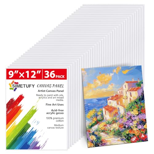 Simetufy 36Pack 9x12 Inch Canvas Boards for Painting Bulk, Blank Art Canvases for Novices, Gesso Primed 100% Cotton Canvas Panels for Acrylic Oil Watercolor Tempera Paint - size: 9"x12"- 36 pack