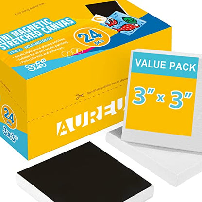 AUREUO Mini Magnetic Stretched Canvas 3x3 Inch / 24 Pack - Small Square Wrapped Canvas Board with Magnet Back, Art Gift Set Tiny Framed Bulk Pack Canvases for Painting & Craft - size: 3"x3", Stretched Canvas