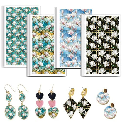 OLYCRAFT 24Pcs Magnolia Clay Transfer Paper 4 Styles Transfer Paper for Polymer Stained Glass Polymer Clay Transfer Sheets Flower Transfer Paper for Clay Earrings Jewelry Making - style: Stained glass