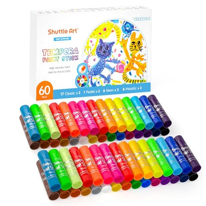 Shuttle Art Tempera Paint Sticks, 60 Pack, 2 Sets of 30 Colors Solid Tempera Paint, Washable, Super Quick Drying, Works Great on Paper Wood Glass Ceramic Canvas for Class School