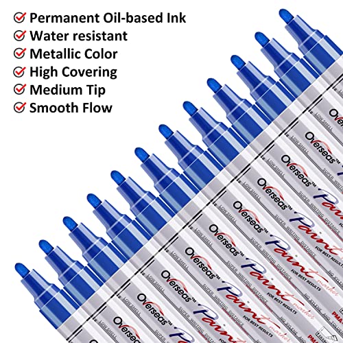 Lesun Blue Paint Pens Markers - 12 Pack Waterproof Oil-Based Paint Pen Set Quick Dry and Permanent Markers for Metal, Rock Painting, Stone, Ceramic, Wood, Plastic, Canvas, Glass, Mugs, Tires - color: Blue