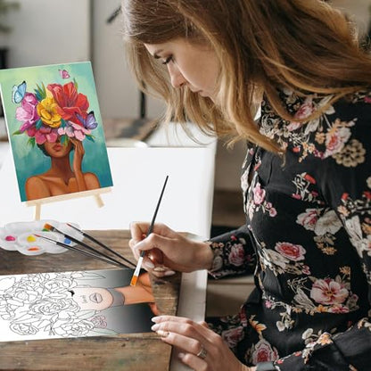 Cholemy 36 Pcs Paint and Sip Kit for Adults 8''x10'' Pre Drawn Canvas for Painting DIY Afro Acrylic Painting Kit Wood Easel Brushes Date Night Bulk for Summer 4th of July Party Gift(Flower Lady) - style: Flower Lady
