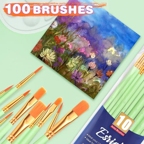 ESRICH Paint Brushes Set,10 Packs 100 Pcs Acrylic Paint Brush Set,Acrylic Oil Watercolor, Face Nail Art, Miniature Detailing,Rock Painting,Painting Artist Professional Kits(Green) - color: Green, size: 100