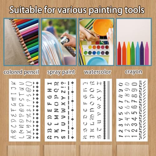 12 Sheets Letter Stencils for Painting, 12 Styles Alphabet Numbers Bar Borders Designs Drawing Templates Reusable Art Stencil for Hand Forearm Painting on Wall Wood Home Decor - style: Letters