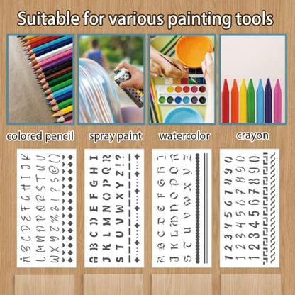 12 Sheets Letter Stencils for Painting, 12 Styles Alphabet Numbers Bar Borders Designs Drawing Templates Reusable Art Stencil for Hand Forearm Painting on Wall Wood Home Decor - style: Letters
