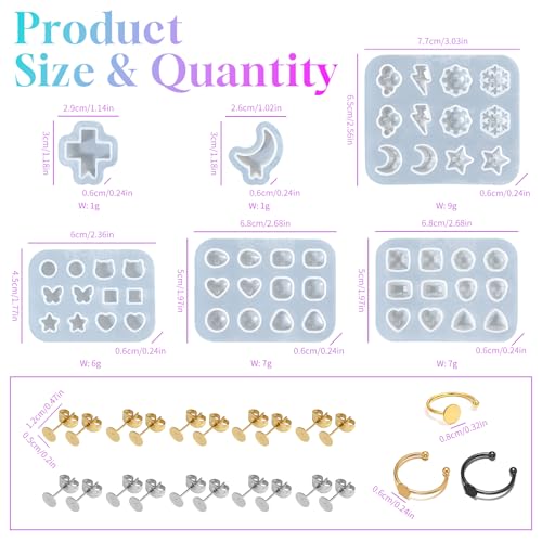 Epoxy Resin Molds Jewelry, Small UV Resin Molds Silicone Kit with Earring Backs & Ring Settings Accessories, DIY Mini Silicone Moulds for Earrings, Pendants, Rings, Necklace & Keychains Art Crafting - color: 29Pcs Small Jewelry Molds Set