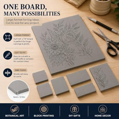 LDXDRU 10 Pcs Linocut Block Gray 12" x 8", Rubber Blocks for Carving 3 mm Soft Printing Plates, Rubber Carving Block Sheets for Stamp Making, Art Class, DIY Printmaking