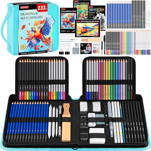 133 Pack Art Supplies Sketching Kit with Sketch Book, Coloring Book, Watercolor Pad, Black Paper Pad, Tutorial, Graphite Colored Charcoal Watercolor & Metallic Pencils for Artists Beginners Adults - color: Teal, size: 133 Pack