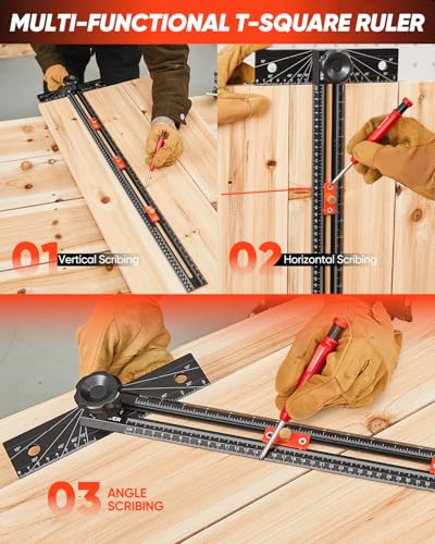 Saker 4-in-1 Scriber Marking Line Ruler, 29.5in Spliceable Extended T Square with Pencil, Precision Line Drawing & Drilling Positioning Tool, Cabinet Hardware Jig with Angle Adjustment for Woodworking - size: 29.5inch T Square Ruler with Pencil