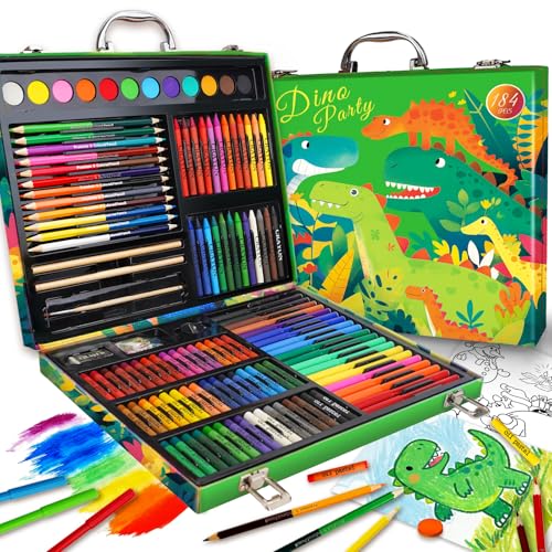 Cokiki Art Supplies,184-Piece Dinosaur Art Kit for Kids Ages 6-12,Halloween Christmas Birthday Drawing Art Set with Colored Pencils,Crayons,Oil Pastels,Watercolor Coloring Sets for Kids Boys Teens - color: Dino Party