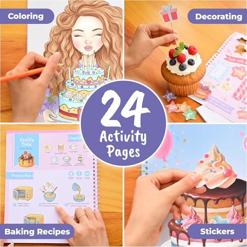 BSCOOL - Drawing, Coloring & Activity Book: Play and Bake with Stickers, Guides and Recipes. Dress Up Your Cake Design for Kids 5 and Up.Gift for Girls - color: Play and Bake Activity Book