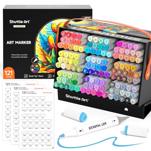 Shuttle Art Brush Tip Alcohol Markers, Dual Tip Brush & Fine Tip Art Marker Set, 121 Colors Marker Pens with Organized Case Perfect for Illustration Students Adults Coloring Sketching - color: 121 Colors