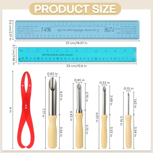 7Pcs Pottery Tools Set Includes Clay Sculpture Ceramic Shrinkage Scale Ruler, Standard Ruler, Bent-Leg Plastic Caliper, Stainless Steel Circular Clay Hole Cutters for Carving Shaping Modeling Drilling