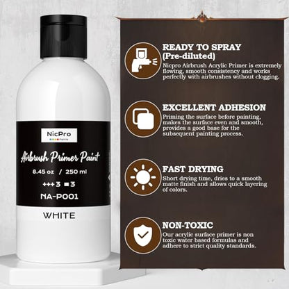Nicpro White Surface Primer Airbrush Paint (8.4oz, 250 ml), Matte Finish, Ready To Spray Air Brush Water-Based Acrylic Primer for Beginners & Artists Priming Plastic Models, Miniatures, Figures, Craft - color: White, size: 8.45 Fl Oz (Pack of 1)