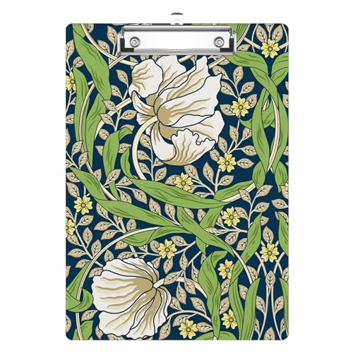 Vintage White Flowers Green Foliage Clipboard Decorative Clip Board with Metal Clip A4 Standard Size 12.5" X 8.7" for Teacher Students Nurses Office - color: Vintage White Flowers Green Foliage
