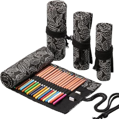 DIYOMR 12/24/36/72 Slots Pencil Wrap Roll, Artist Colored Roll Up Bag, Short Brushes Pouch Case Organizer for Drawing Coloring and Sketching, No Pencils (Black Leaves, 12slots) - color: Black Leaves, size: 12slots