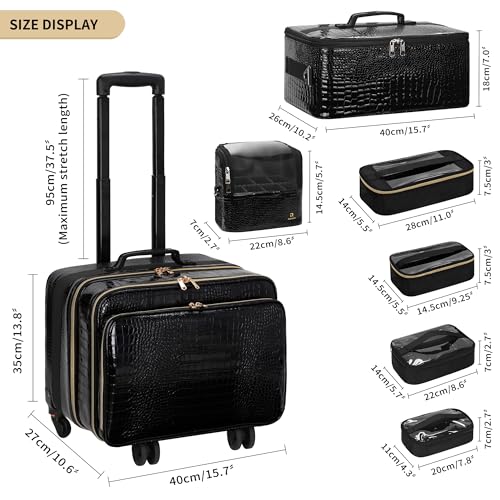 OCHEAL 18" Rolling Makeup Train Case Professional 2-in-1 Trolley Case | | Large Makeup Case, 6 Travel Cosmetic Bags, Pro Artists & Makeup Artists, Beauty Trolley Train Case - color: Black-2 in 1