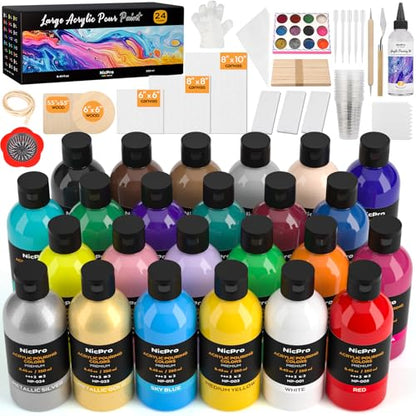 Nicpro 24 Colors 8.45oz Acrylic Pour Paint Supplies Kit, Large Volume Premixed High Flow Painting Bulk Set with Canvas, Wood Natural Slices, Pouring Oil, Tools Gloves, Strainer, Cups for Beginner DIY - color: 24 Colors