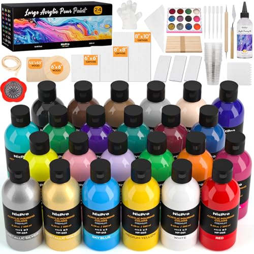Nicpro 24 Colors 8.45oz Acrylic Pour Paint Supplies Kit, Large Volume Premixed High Flow Painting Bulk Set with Canvas, Wood Natural Slices, Pouring Oil, Tools Gloves, Strainer, Cups for Beginner DIY - color: 24 Colors