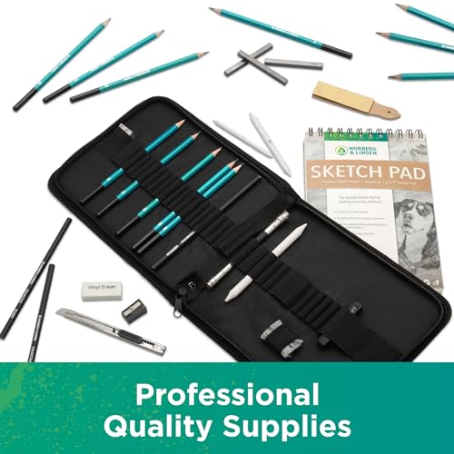 Norberg & Linden XL Drawing Set - Sketching, Graphite and Charcoal Pencils. Includes 100 Page Drawing Pad, Kneaded Eraser, Blending Stump. Art Kit and Supplies for Teens and Adults