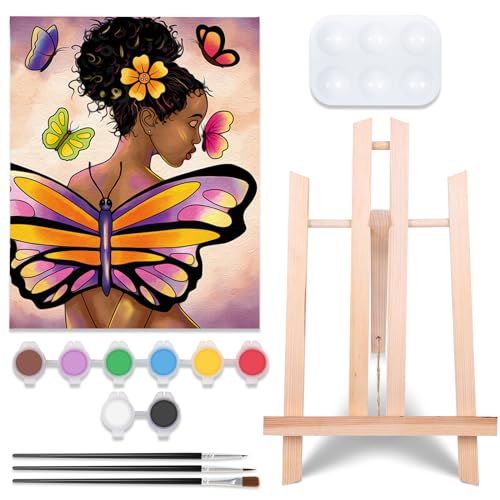 VOCHIC Pre Drawn Canvas for Painting for Adults Paint and Sip Kit Party Supplies 8x10 in Canvas Butterfly Girl 1 Easel,8 Acrylic Colors,3 Brush,1 Pallet Paint Art Set - size: 8x10, style: Style 1 with Easel