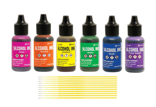 Ranger Alcohol Inks Set Bundles - 6 Bottles of Tim Holtz Alcohol Inks with Trebbies Fine Detail Sticks (Shades of Rainbow) - color: Shades of Rainbow
