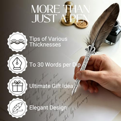 Joyeee Grey Writing Quill and Ink Set, With Elegant Antique Feather Fountain Dip Pen, Black Ink Pot, Stainless Steel Nibs, Collectible Keepsake Gift Box, Nice Luxury Office Gift for Colleagues Clients - color: Grey Quill Pen Set
