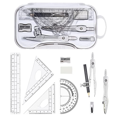 Unjoo Math Geometry Sets 10 Piece Student Supplies with Shatterproof Storage Box,Includes Rulers,Protractor,Compass,Eraser,Pencil Sharpener,Lead Refills,Pencil,for Drafting and Drawings（Grey） - color: Grey