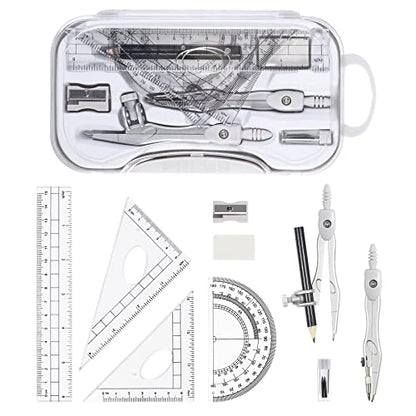 Unjoo Math Geometry Sets 10 Piece Student Supplies with Shatterproof Storage Box,Includes Rulers,Protractor,Compass,Eraser,Pencil Sharpener,Lead Refills,Pencil,for Drafting and Drawings（Grey） - color: Grey