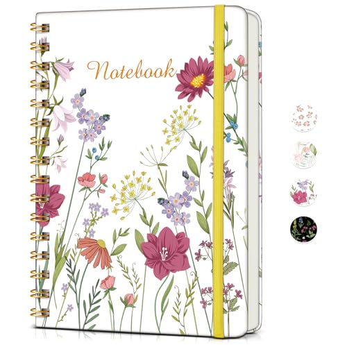 Lined Spiral Journal Notebook for Women, A5 Cute Hardcover Spiral Journals for Work, Note Taking, 150 Numbered Pages 100 GSM College Ruled Spiral Bound Notebook, 5.75" x 8.38", Ivory Wild Flowers - color: Ivory Wild Flowers, size: Line