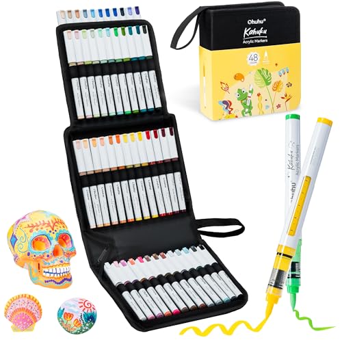 Ohuhu Acrylic Paint Markers Brush Tip: 48 Colors Automatic Ink Control Acrylic Markers High Opacity Paint Pens Water-Resistant Lightfast for Rock Painting 3D Prints Easter Egg Wood DIY Crafts - Kahuku