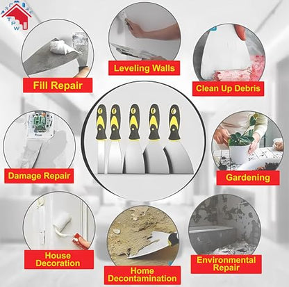 TPW 5-Pcs Putty Knife Set, 1-5 Inch Stainless Steel Scrapers for Drywall Repair, Wallpaper Removal, Mud and Plaster Scraping