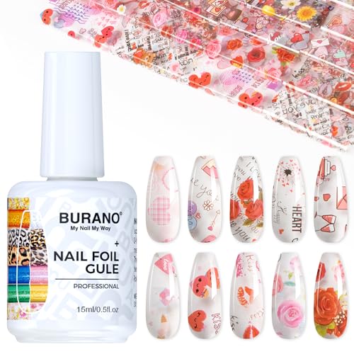 BURANO Nail Art Nail Foil Glue Gel, o.5 oz with 10PCS Foil Stickers Set Nail Foil Glue for Nails Foil Transfer Gel, Nail Design DIY UV LED Lamp Required (Love 23) - color: Love 23