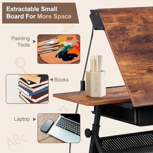 ZENY Adjustable Drafting Table with Stool, Tilting Drawing Desk Artist Table with Storage Drawers, Art Craft Workstation for Home Office Reading, Writing, Crafting - color: Retro-with Outlet
