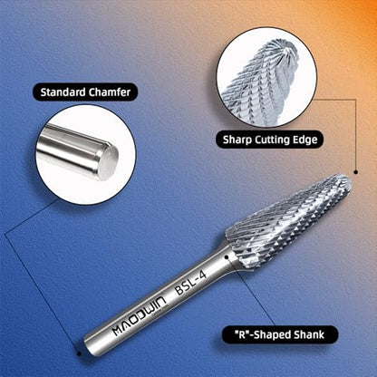 SL-4 Tapered Radius End Tungsten Carbide Rotary File Double Cut 3/8" Diameter×1/2" Length, 1/4" Shank Carbide Burrs Bits Precision Grinding for Jewelry, Tight Spaces, Metal/Wood Contouring - style: SL-4