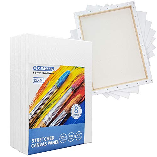 FIXSMITH Stretched White Blank Canvas - 12 x 16 Inch, Bulk Pack of 8, Primed, 100% Cotton, 5/8 Inch Profile of Super Value Pack for Acrylics,Oils & Other Painting Media. - size: 12"x16"
