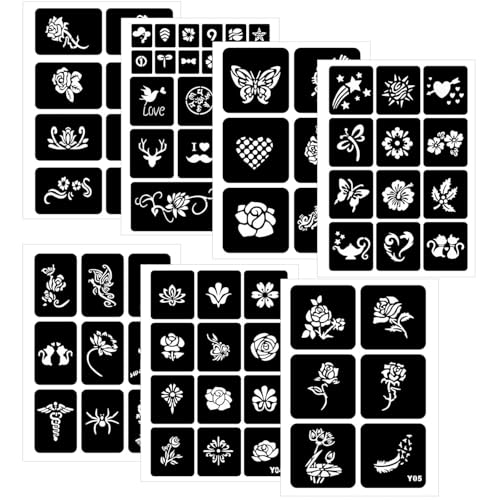 Temporary Tattoo Kit, 7 Temporary Tattoo Stencils Flower 73 PCS Stencils Realistic, Tattoo Stencils for Face Body Art Painting for Women Men Adults Kids, Party Fun etc - color: 7sheets, 73pcs