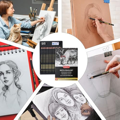 PANDAFLY Drawing Sketch Pencil Set, 16 Piece, 4H to 14B Graphite Pencils | Includes Erasers and Pencil Sharpener, Pro Art Pencil Kit for Drawing, Sketching, Shading, Ideal for Artists and Beginners