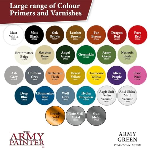 The Army Painter, Base Primer Army Green, 400 mL Acrylic Spray Primer, Spray Paint Basecoat for Miniature Priming, Tabletop Roleplaying, Boardgames, and Wargames Miniature Modellin - color: Army Green