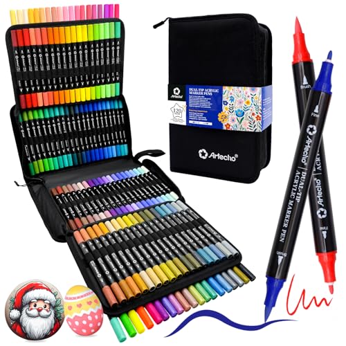 Artecho Acrylic Paint Markers 120 Colors with Bag, Acrylic Paint Pens with Brush Tip and Fine Tip for Stone, Rock Painting, Paper, Pumpkin, Wood, Egg, Canvas, Ceramic, Fabric, leather, Glass - color: 120 Colors