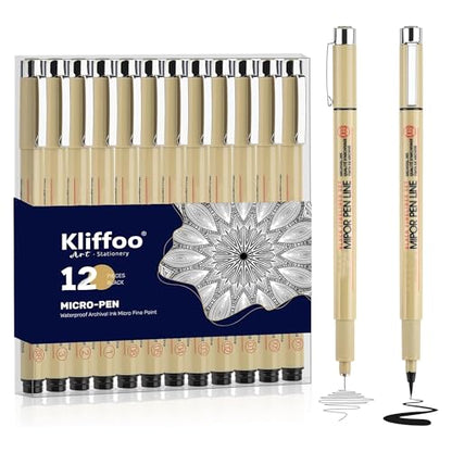 Micro Fineliner Drawing Art Pens 12pcs Pigment Fine Point Archival Black Ink Pen for Writing, Illustration,Zentangle,Calligraphy,Technical,Sketching or Journaling-Point Size 0.2mm - 3mm